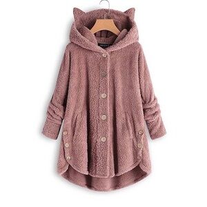 Pink Cat-Ear Faux-Fur Button-Up Hoodie - Women